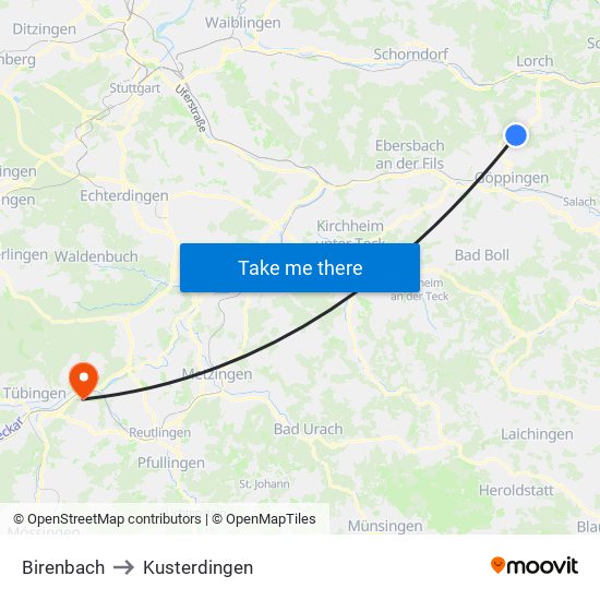 Birenbach to Kusterdingen map