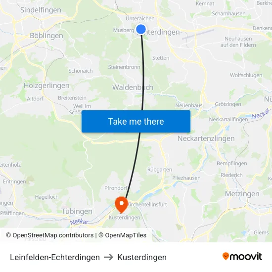Leinfelden-Echterdingen to Kusterdingen map