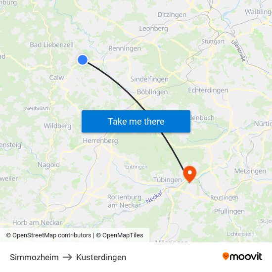 Simmozheim to Kusterdingen map