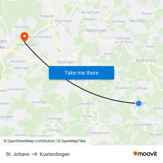 St. Johann to Kusterdingen map