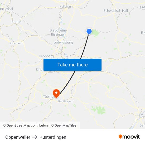 Oppenweiler to Kusterdingen map