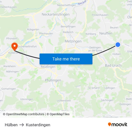 Hülben to Kusterdingen map