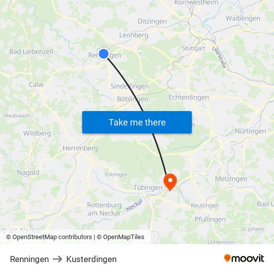 Renningen to Kusterdingen map