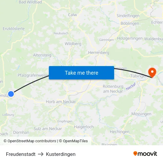Freudenstadt to Kusterdingen map
