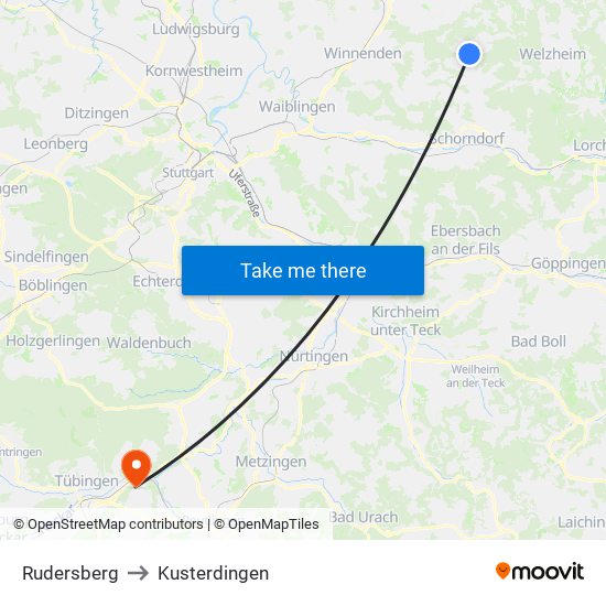 Rudersberg to Kusterdingen map