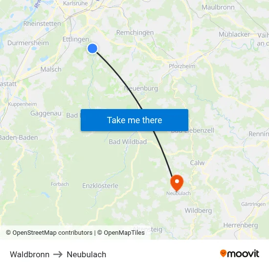 Waldbronn to Neubulach map