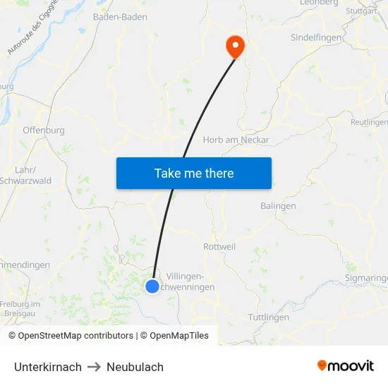 Unterkirnach to Neubulach map