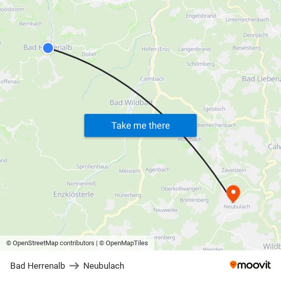 Bad Herrenalb to Neubulach map