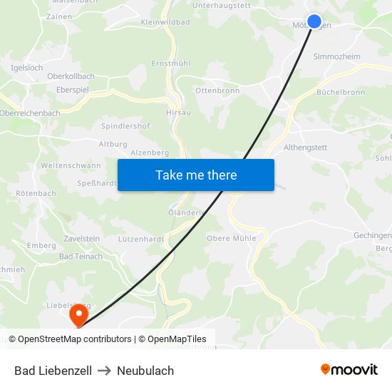 Bad Liebenzell to Neubulach map
