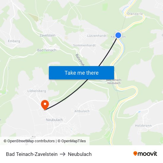 Bad Teinach-Zavelstein to Neubulach map