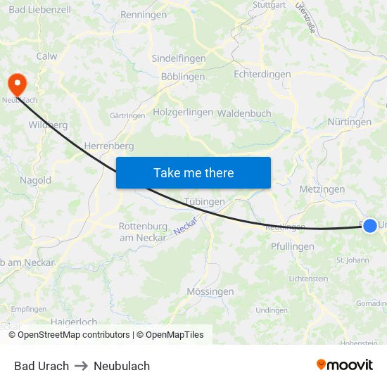 Bad Urach to Neubulach map