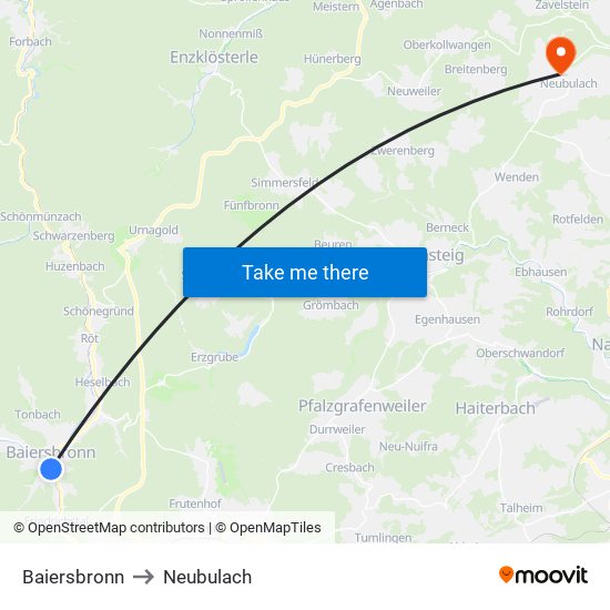 Baiersbronn to Neubulach map