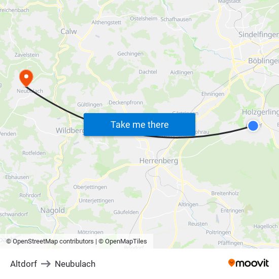 Altdorf to Neubulach map