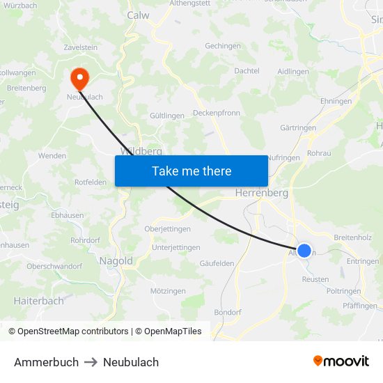 Ammerbuch to Neubulach map