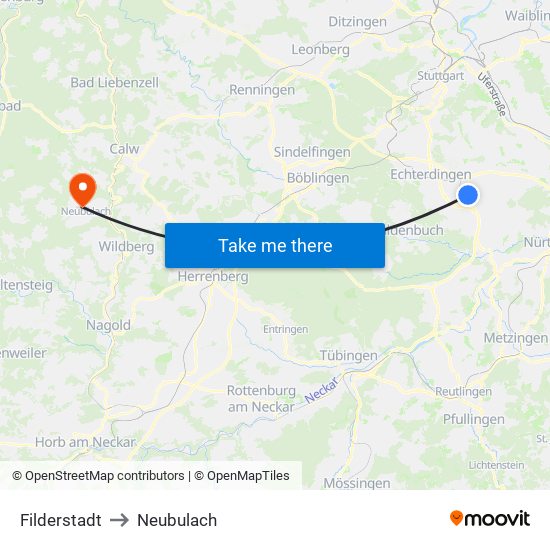 Filderstadt to Neubulach map