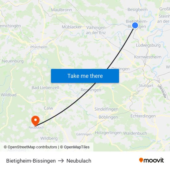 Bietigheim-Bissingen to Neubulach map