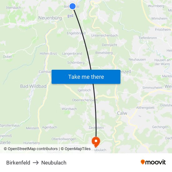 Birkenfeld to Neubulach map