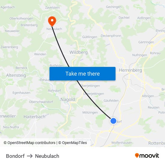 Bondorf to Neubulach map