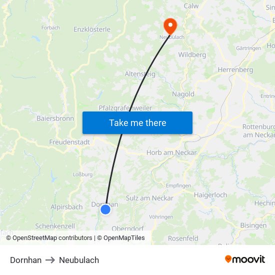 Dornhan to Neubulach map