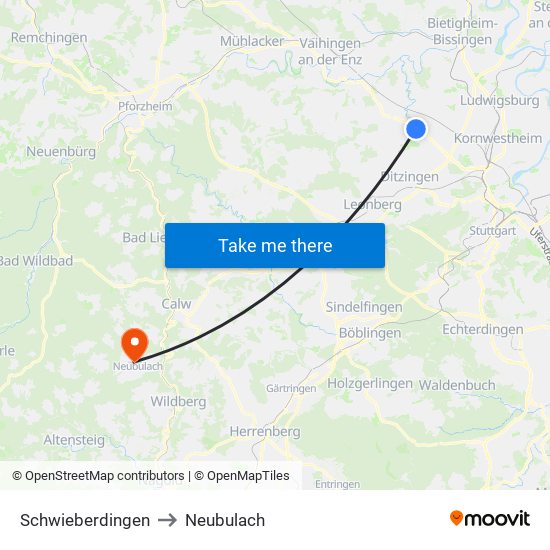 Schwieberdingen to Neubulach map