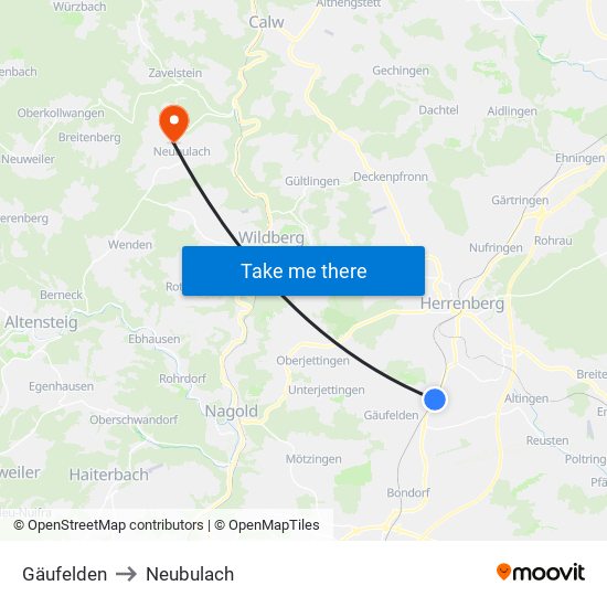 Gäufelden to Neubulach map