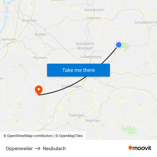 Oppenweiler to Neubulach map