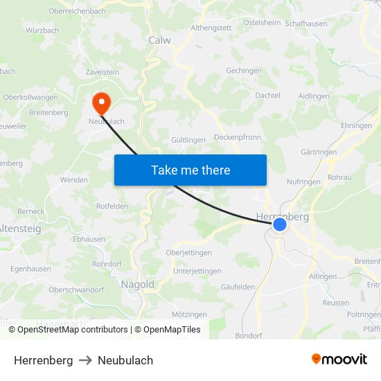 Herrenberg to Neubulach map