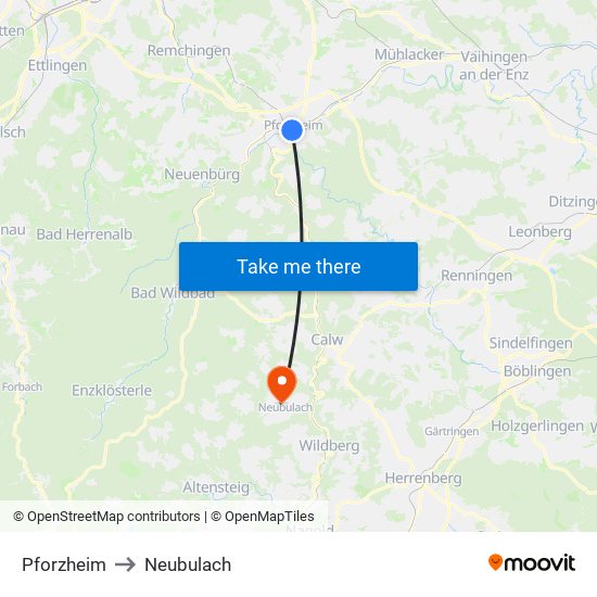 Pforzheim to Neubulach map