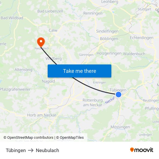 Tübingen to Neubulach map