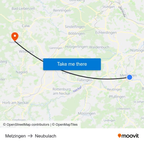 Metzingen to Neubulach map