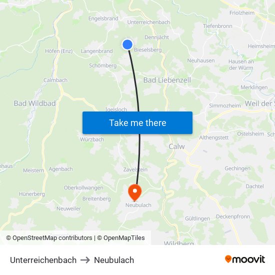 Unterreichenbach to Neubulach map