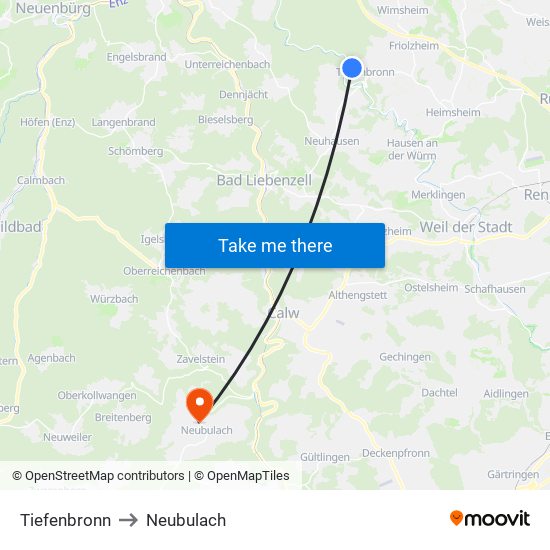 Tiefenbronn to Neubulach map