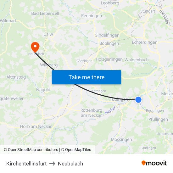 Kirchentellinsfurt to Neubulach map