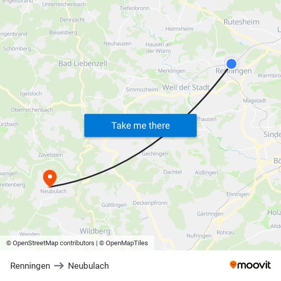 Renningen to Neubulach map
