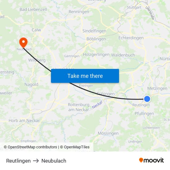 Reutlingen to Neubulach map