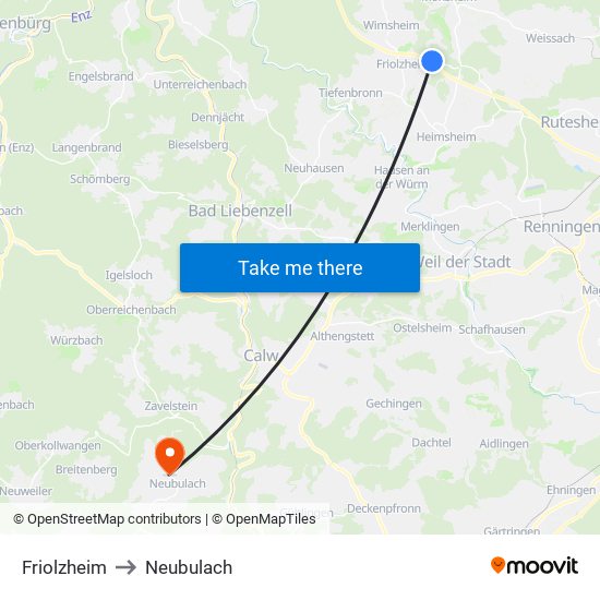 Friolzheim to Neubulach map