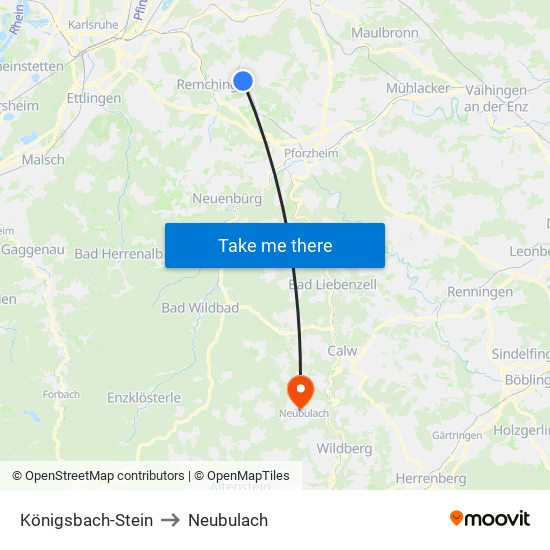 Königsbach-Stein to Neubulach map