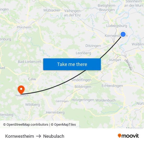 Kornwestheim to Neubulach map