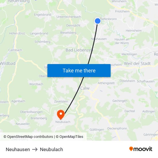 Neuhausen to Neubulach map