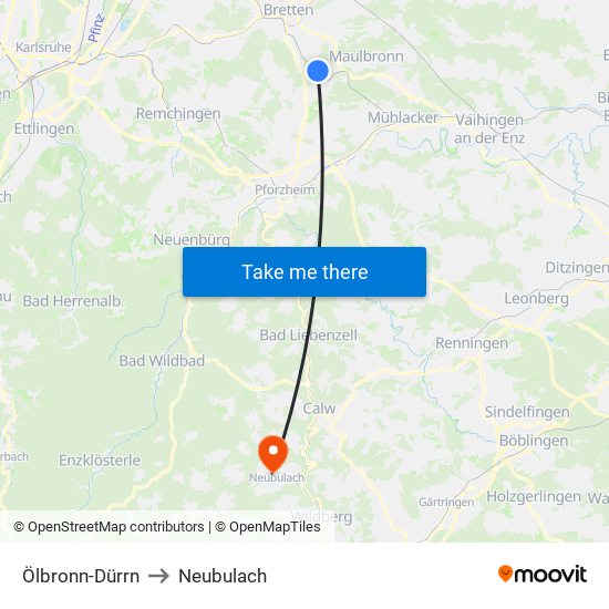 Ölbronn-Dürrn to Neubulach map
