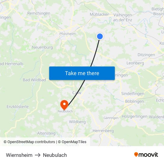 Wiernsheim to Neubulach map