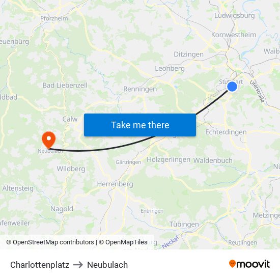 Charlottenplatz to Neubulach map