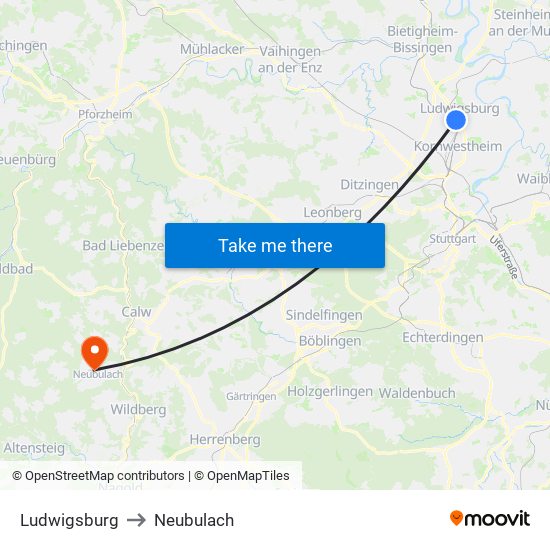 Ludwigsburg to Neubulach map