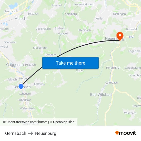 Gernsbach to Neuenbürg map