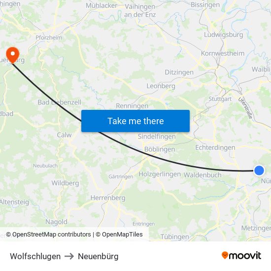 Wolfschlugen to Neuenbürg map