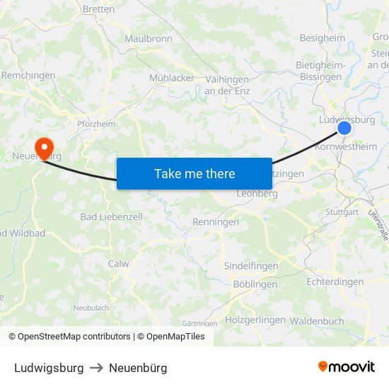 Ludwigsburg to Neuenbürg map