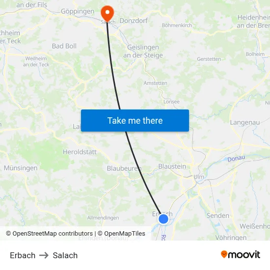 Erbach to Salach map