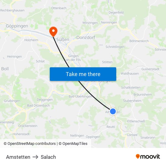 Amstetten to Salach map