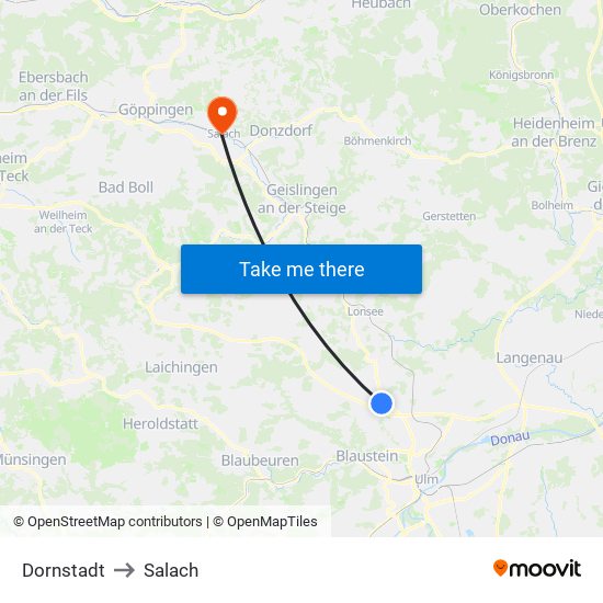 Dornstadt to Salach map