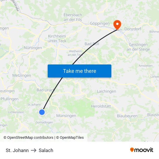 St. Johann to Salach map